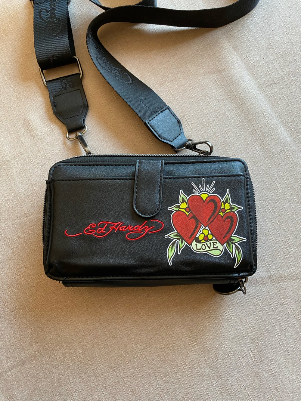 Ed Hardy Black Crossbody Wallet with Red Heart Trio Graphic
